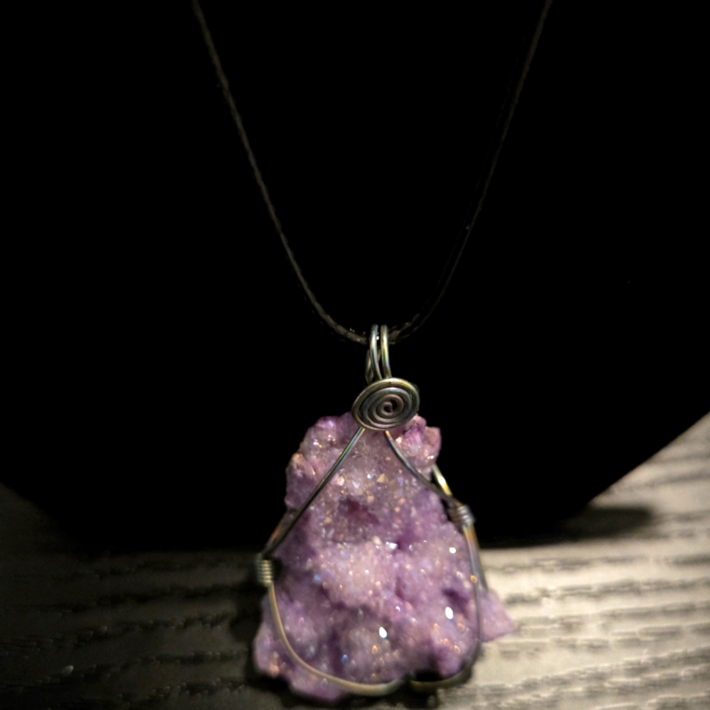 Wire Wrapped Amethyst or Druzy Cluster with Swirl on Black Leather Cord 16-18"